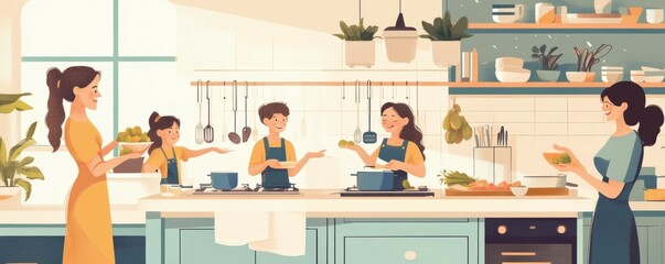 A cheerful family cooking together in a bright kitchen