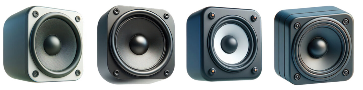 Illustrations of modern small speakers in a row with no background.