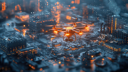 futuristic drone with glowing orange lights hovers over steel industry complex, showcasing advanced technology and innovation