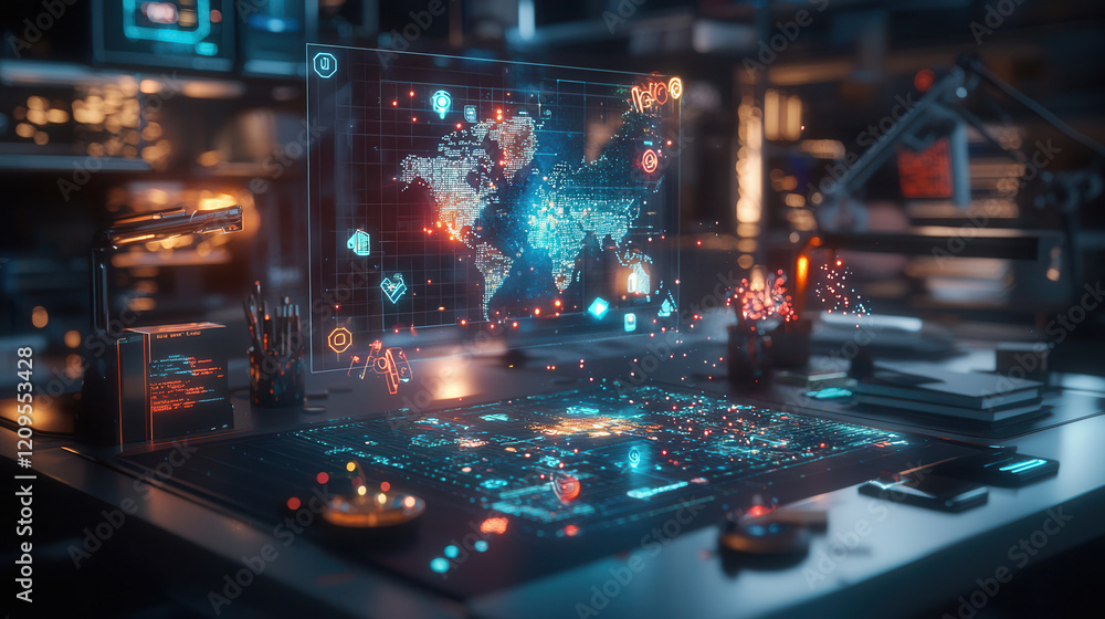 Aufkleber futuristic workspace with business strategy map displayed on holographic screen, surrounded by advan