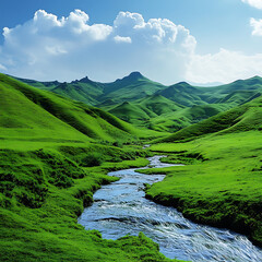 wide shot of Jade Valley with vibrant green hills, flowing streams, and large open skies