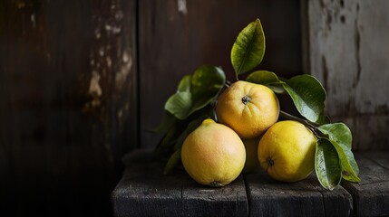 Still Life Photography of Quinces on Rustic Wooden Table