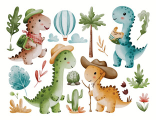 Watercolor Illustration Set of Dinosaurs and Nature Elements