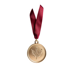 Gold medal with red ribbon displayed on a wooden surface for achievement and victory representation.