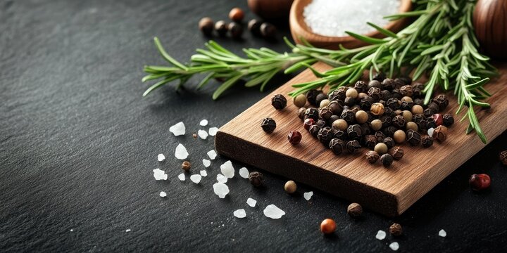 Colorful peppercorns and fresh rosemary on a wooden board with Himalayan salt, arranged on a dark rustic table, showcasing ample negative space.