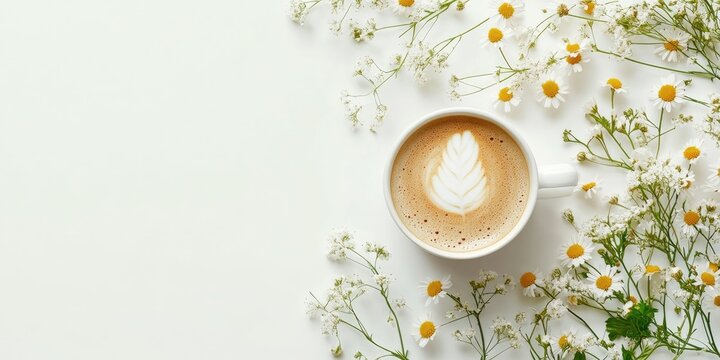 Cappuccino in a white cup with a leaf design, surrounded by white daisies and yellow flowers on a soft pastel background with ample copy space.
