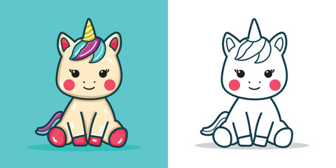 A cute unicorn doll cartoon illustration for a sticker, design element, or coloring book element