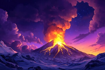 Volcanic Eruption Spectacle Mountain Digital Art Night Sky Dramatic View Nature's Fury