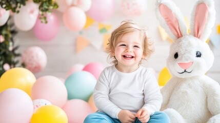 Fototapeta premium Easter Bunny Fun: A happy little toddler with a big smile and bright eyes, nestled amongst a vibrant array of pastel balloons, enjoys a playful moment with a fluffy Easter bunny. 