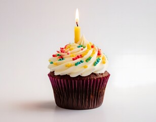 Delicious creamy sweet cup cake with colorful burning candles isolated on white background birthday wedding anniversary new year valentine day new year eve celebration concept