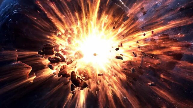 A dramatic depiction of a earth exploding in space, showcasing cosmic destruction and energy.