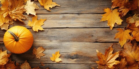 Autumn scene featuring a vibrant orange pumpkin positioned on the left with scattered dry yellow maple leaves on a rustic wooden background.