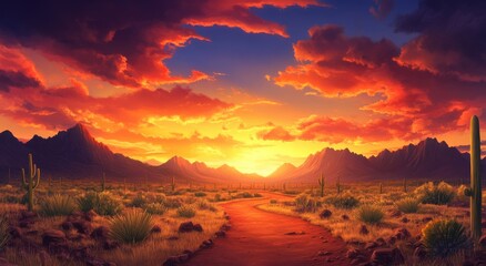 Naklejka premium Sunset Over Desert Landscape American Southwest Digital Art Scenic View Tranquil Vibe