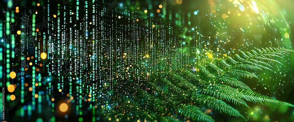 Poster Abstract digital data stream flowing through lush green ferns.