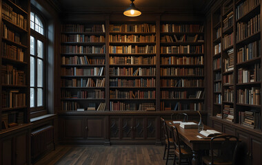 bookshelf in a dark university library room with old books and a cozy atmosphere

