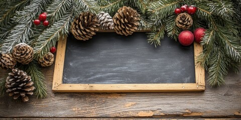 Fototapeta premium Christmas tree decorations on antique wooden blackboard with pinecones and red ornaments surrounded by frosted evergreen branches ample copy space