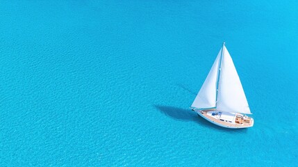 Sailboat glides on turquoise sea; idyllic summer escape