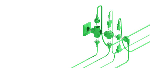 Set of Electrical tees. Variant of connecting electrical plugs, allowing multiple devices to be powered from a single outlet. Copy Space. Isolated. Transparent background. 3D Illustration