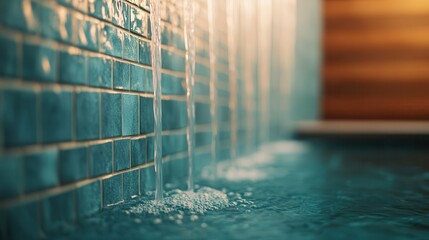 Hydrotherapy for beauty and wellness at the spa Water feature with tiles and flowing water in a...