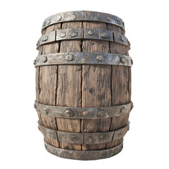 very old medieval wooden barrel with worn textures, dents, and patches of corrosion on isolated transparent background