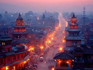 Illuminated Streets of Kathmandu at Dusk