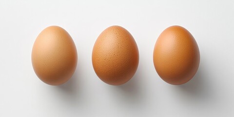 Brown eggs arranged in a top view on a clean white background, showcasing their textured surfaces, emphasizing natural farm-fresh quality.