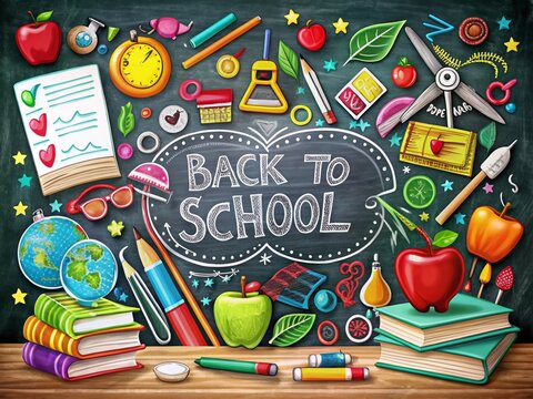 Back to School Chalkboard Doodles: Colorful Hand-Drawn Illustrations with Copy Space