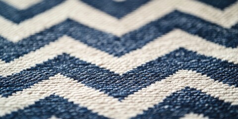 Navy blue and cream zigzag pattern on textured cotton fabric in closeup view with blurred natural fabric background emphasizing the design details