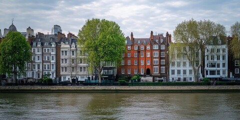Naklejka premium Historic riverside buildings with vibrant red and neutral facades, lush green trees along the riverbank under a cloudy blue sky.