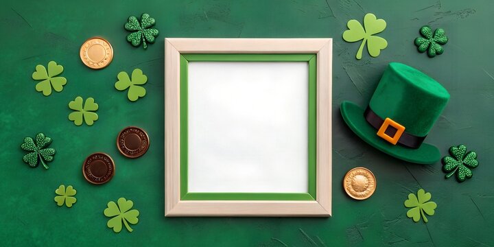  Blank wooden frame styled with a green leprechaun hat, shamrocks, and gold coins on a textured green background. Ideal for holiday-themed mockups or Irish celebrations.