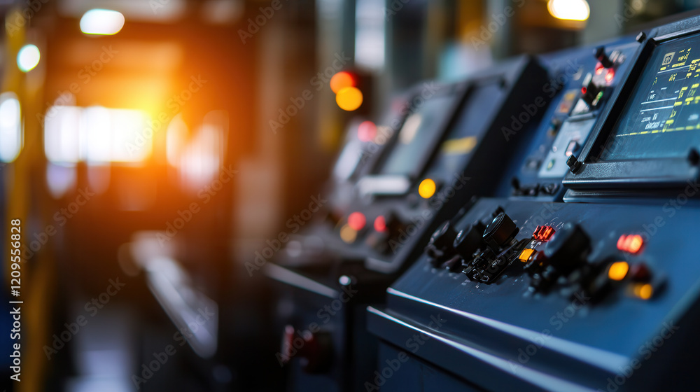 Poster modern control panel with illuminated buttons and screens in factory setting, glowing in warm light
