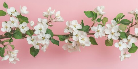 Fototapeta premium White apple tree blossoms on a green branch against a soft pink background showcasing spring beauty with space for text and design elements.