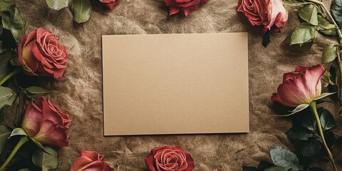 Blank brown craft card surrounded by deep red and soft pink roses on textured background, ideal for romantic invitation or greeting concept.