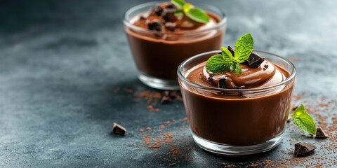 Chocolate panna cotta in glass ramekins garnished with mint leaves and chocolate pieces on a textured dark background with space for text.