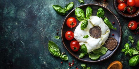 Burrata cheese topped with truffle on a black plate with fresh basil and cherry tomatoes on a dark green rustic table, room for text.