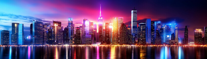 Obraz premium Stunning ai-generated city skyline at dusk urban landscape digital art vibrant lights futuristic concept