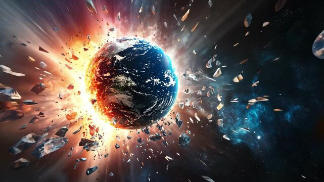 A dramatic depiction of Earth exploding in space, showcasing cosmic destruction and energy.