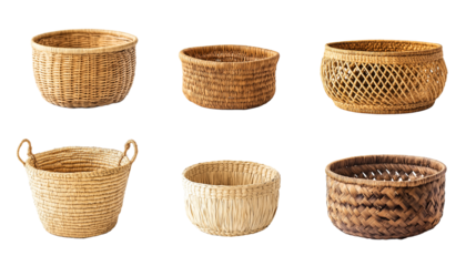 Set of handwoven baskets isolated on transparent background