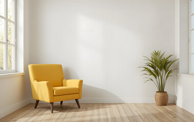 living room interior features a yellow armchair against a white wall