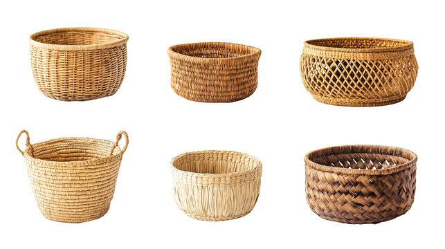 Set of handwoven baskets isolated on transparent background