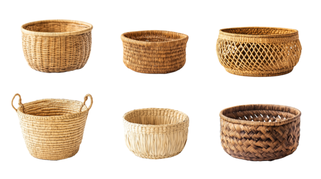 Set of handwoven baskets isolated on transparent background
