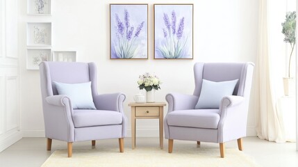 A Lavender Haven: Two plush, wingback armchairs in a soft lavender hue, adorned with pale blue throw pillows, create a cozy and inviting atmosphere. A delicate floral arrangement graces a side table.