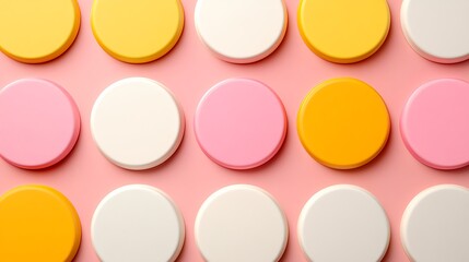 Colorful Round Discs on a Pink Surface Arranged in a Symmetrical Pattern for Creative Background Use