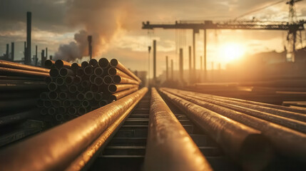 steel factory yard with towering stacks of pipes, industrial cranes, and smoky sunset sky creates dramatic industrial atmosphere