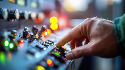 hand operating glowing steel plant control panel with illuminated buttons and switches, showcasing industrial precision and technology