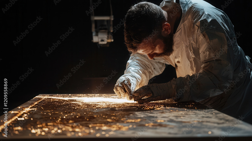 Poster worker in protective gear focuses intently while using laser cutter on metal surface, creating spark