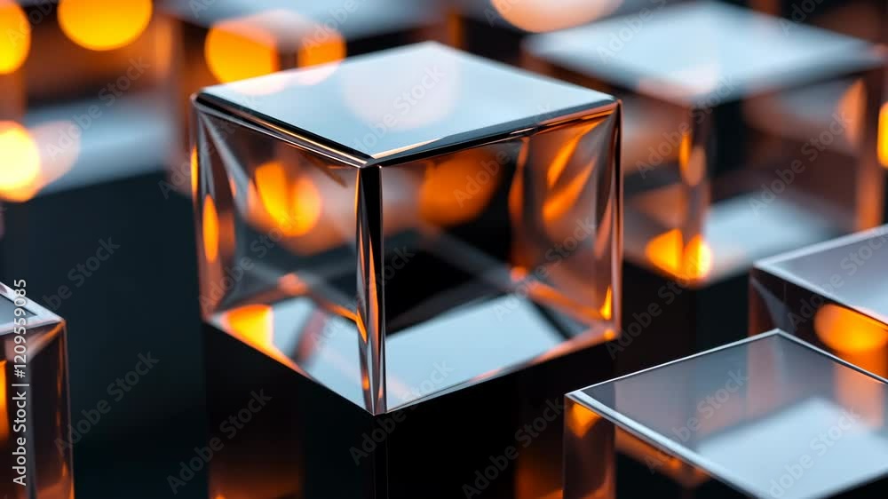 Poster a close up of a bunch of cubes with a warm orange glow. the cubes are made of glass and are arranged