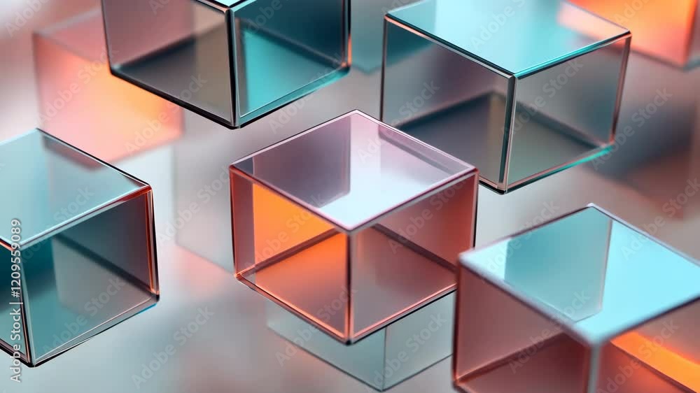 Poster a series of cubes are shown in a blurry image, with the cubes appearing to be made of glass. the ima
