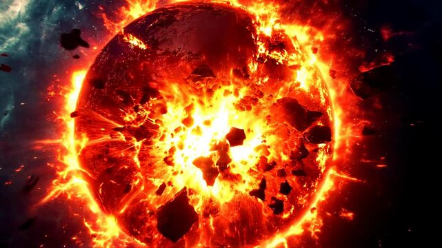A dramatic depiction of a earth exploding in space, showcasing cosmic destruction.