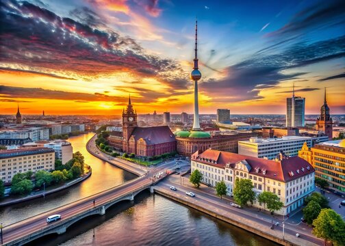 Berlin Skyline Panorama at Sunset, Iconic Landmarks & Cityscape